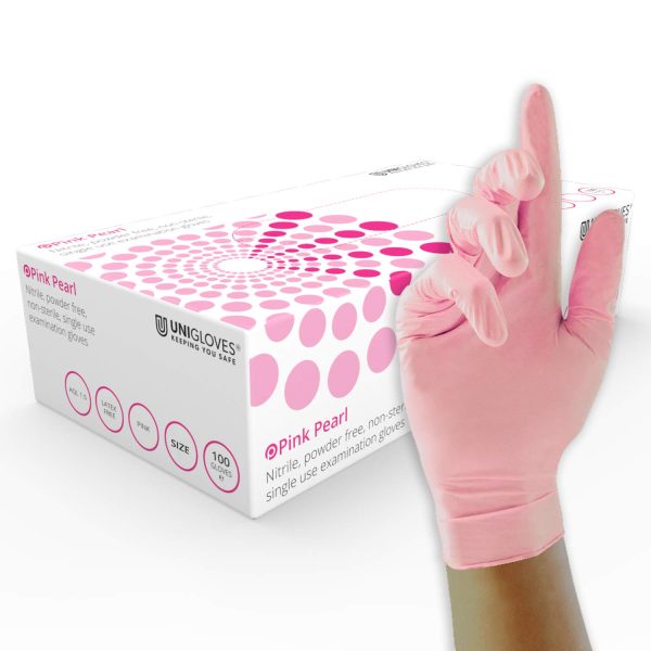 Unigloves Pink Pearl GP0052 Nitrile Examination - Multipurpose, Powder Free and Latex Free Disposable Gloves, Box of 100 Gloves, Pink, Small