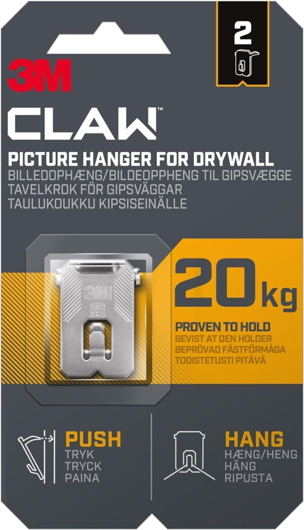 3M Claw Plasterboard Picture Hanging Wall Hooks For Hanging Home Décor, 4 Hangers, Holds up to 20 kg